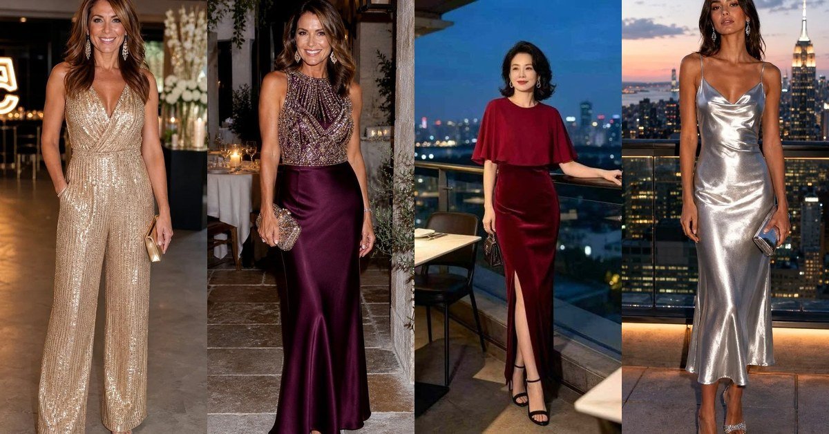 Four flattering date night outfits for women over 50 collage