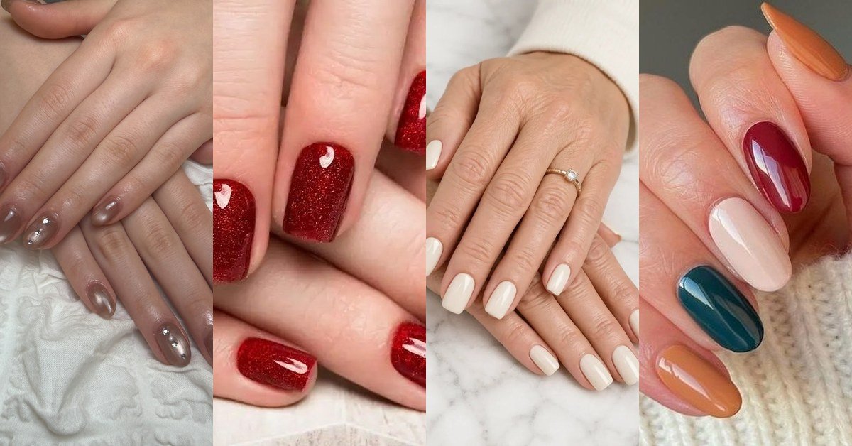 54 nail colors for women over 60 collage: taupe, glitter red, cream and multi-shade manicures