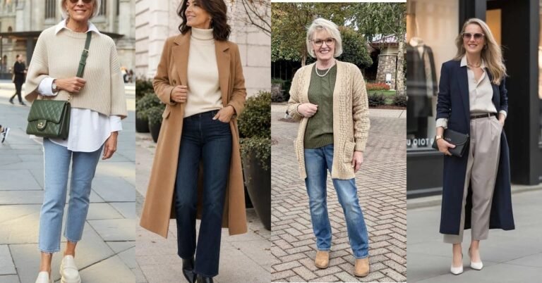 Collage of elevated casual fall outfits for women over 40