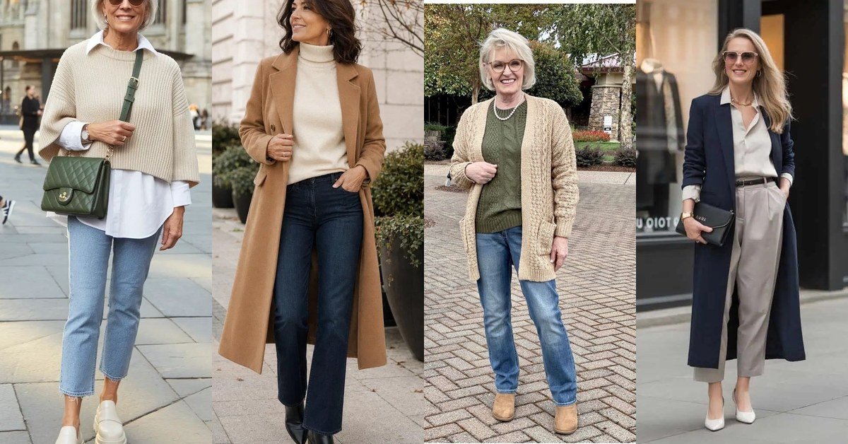 Collage of elevated casual fall outfits for women over 40
