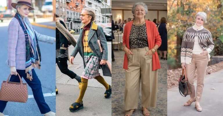 Elegant fall outfits for women over 70: collage of four chic looks