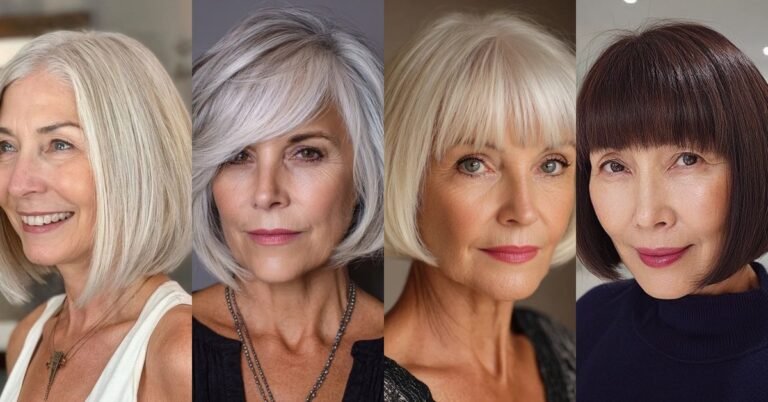 Collage of 4 bob hairstyles for women over 60: blonde bob, silver shaggy bob, white bob with bangs, dark pageboy bob