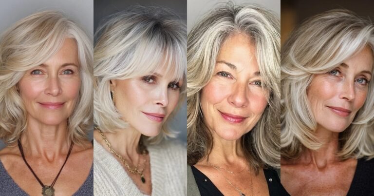 Collage of four layered medium-length hairstyles for women over 50, featured image