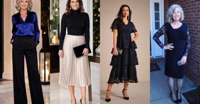 Collage of four chic night out outfits for women over 50: velvet blazer, satin separates and cocktail dresses