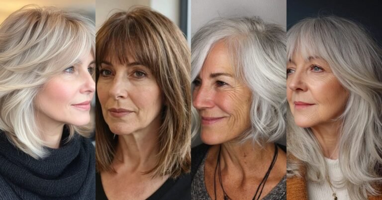 Featured collage of medium layered hairstyles with curtain bangs for women over 60