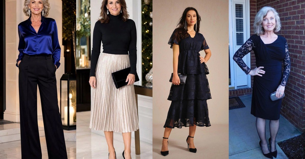 Collage of four chic night out outfits for women over 50: velvet blazer, satin separates and cocktail dresses