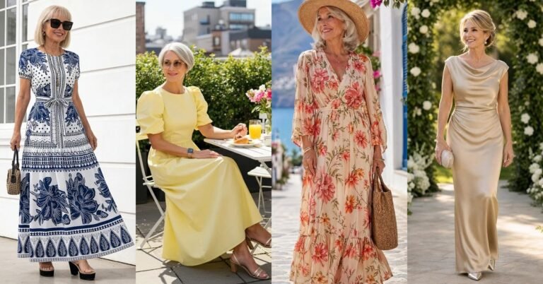 Summer outfits for women over 60 collage of floral maxi dresses