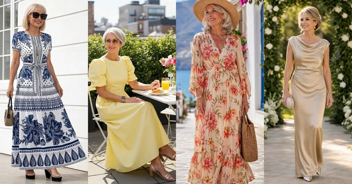 Summer outfits for women over 60 collage of floral maxi dresses
