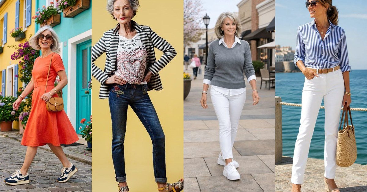 Collage of 66 everyday casual outfits for women over 50.