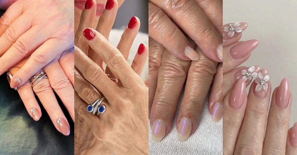 Collage of classy nail designs for older women featuring pink crystal accent nails, classic red polish, pearl chrome nails and 3D floral nail art