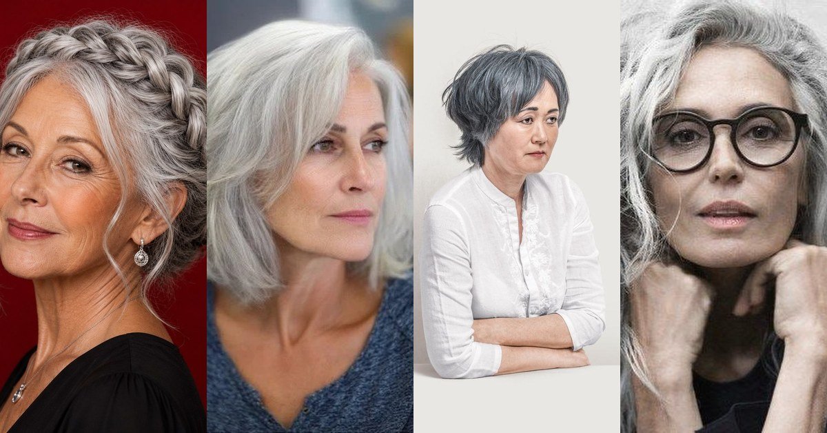 Collage of 4 natural grey hairstyles for women over 50: braided silver crown updo, long wavy silver hair, and two pixie cuts