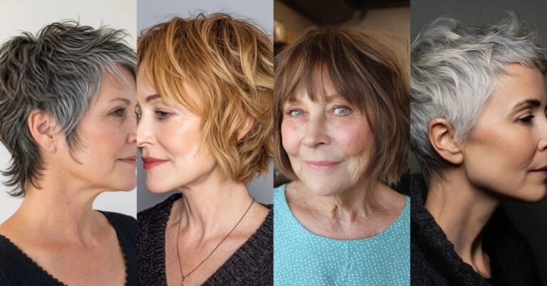 Collage of short choppy pixie and bob haircuts for women over 60