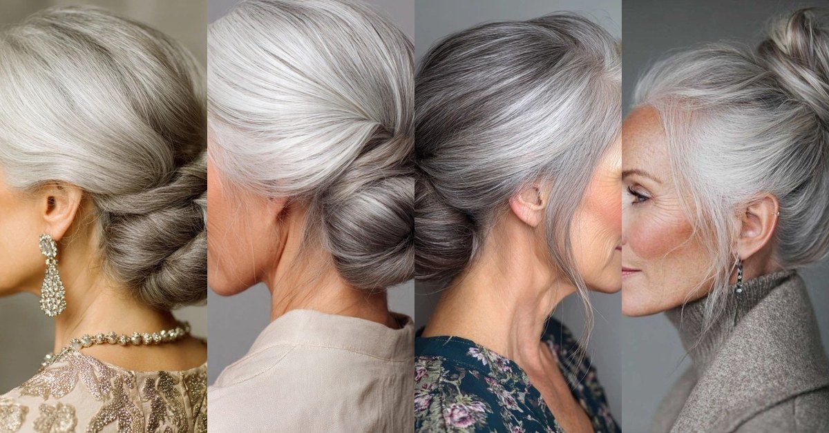 Collage of elegant updo hairstyles for women over 70