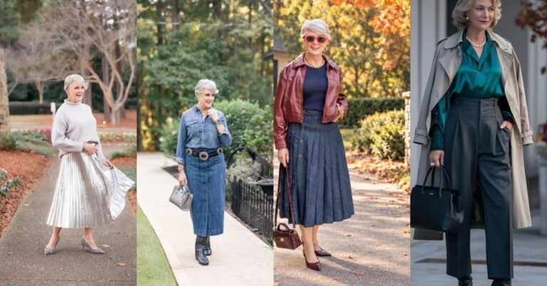 Collage of four fall outfits for women over 50, cozy and chic autumn fashion looks