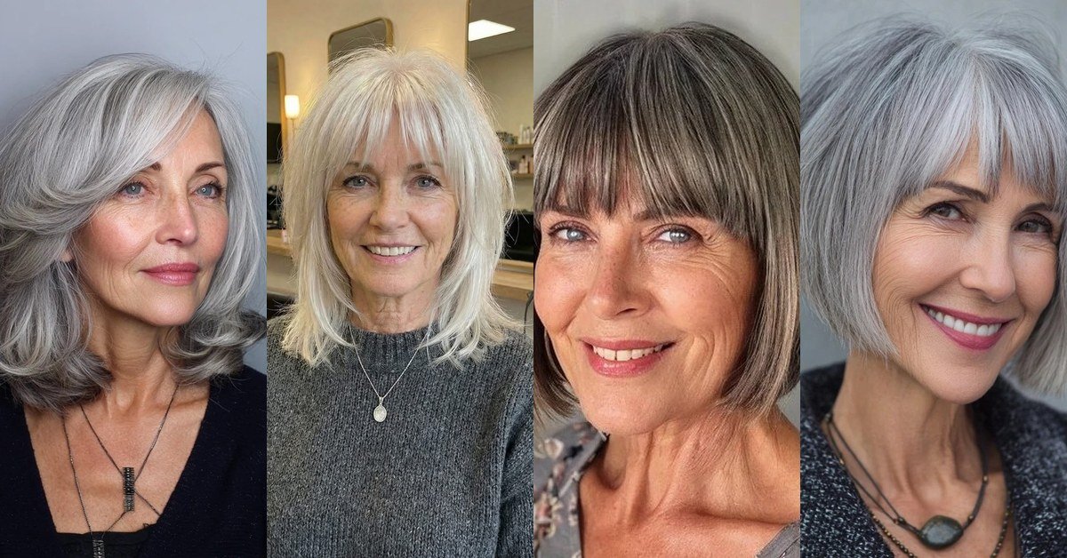 63 Grey Hairstyles with Bangs for Women Over 60 — featured collage