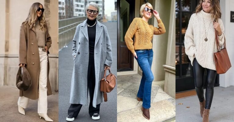 Collage of four chic winter outfits for women over 40, camel coat, grey coat and cable knit sweaters
