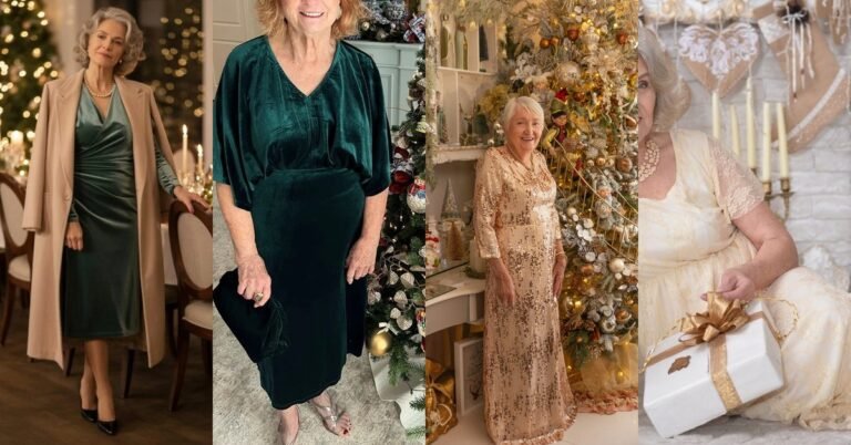Collage of classy Christmas outfits for women over 70: gold sequin dress, red velvet gown, emerald wrap dress and fair isle sweater