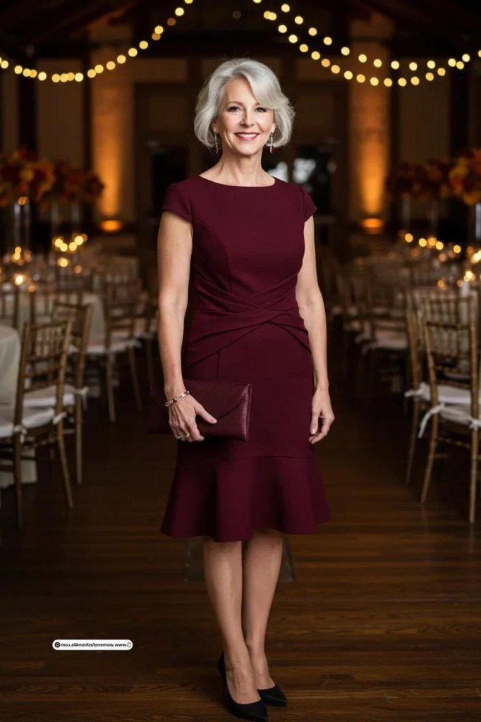Burgundy fit-and-flare evening dress for women over 60, grey-haired woman at candlelit venue