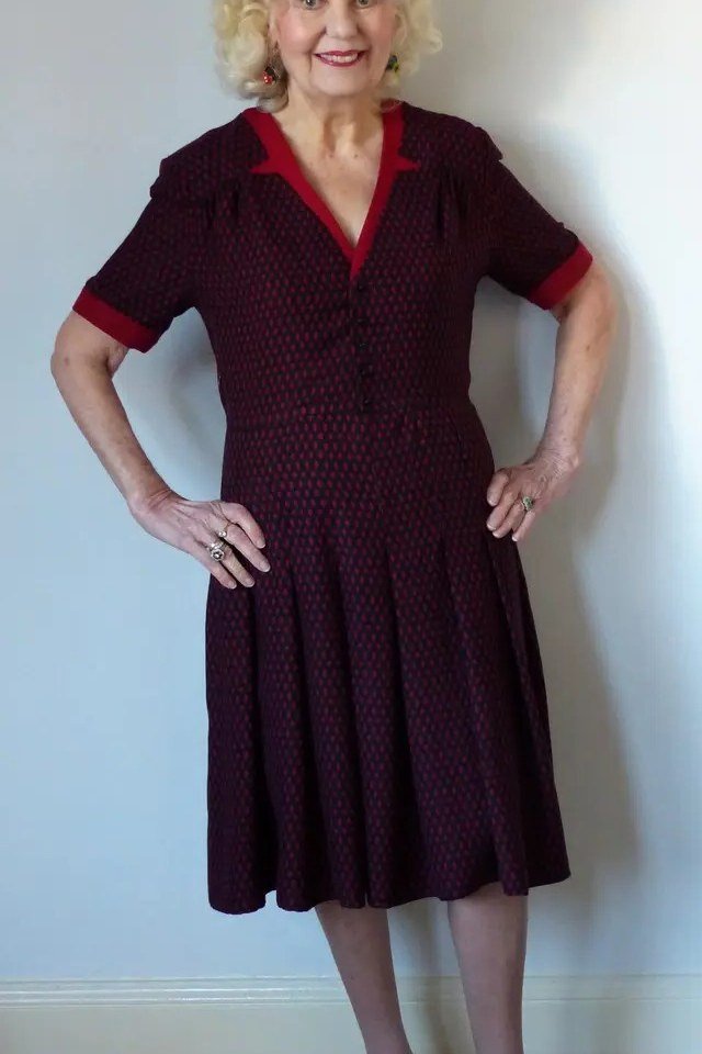 Burgundy wrap fit-and-flare midi dress with red trim for mature women