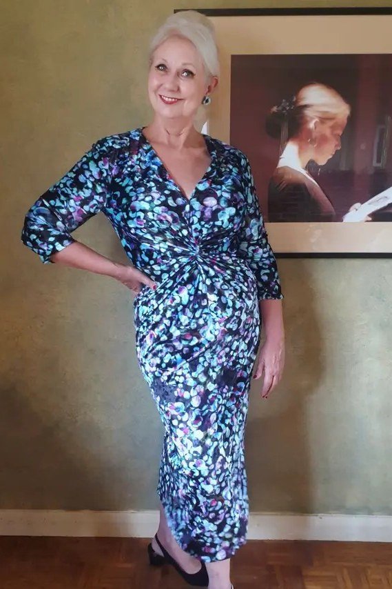 Blue floral wrap fit-and-flare midi dress with three-quarter sleeves for women over 60