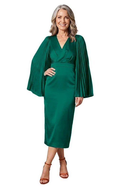 Emerald green pleated-sleeve wrap fit-and-flare midi dress for women over 60