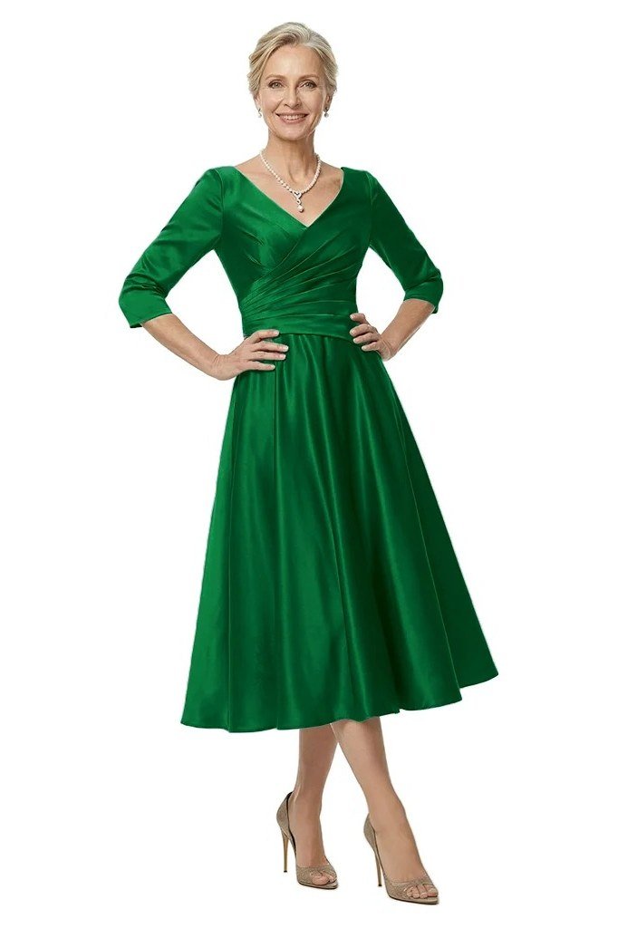 Emerald green wrap fit-and-flare midi dress with three-quarter sleeves for mature women