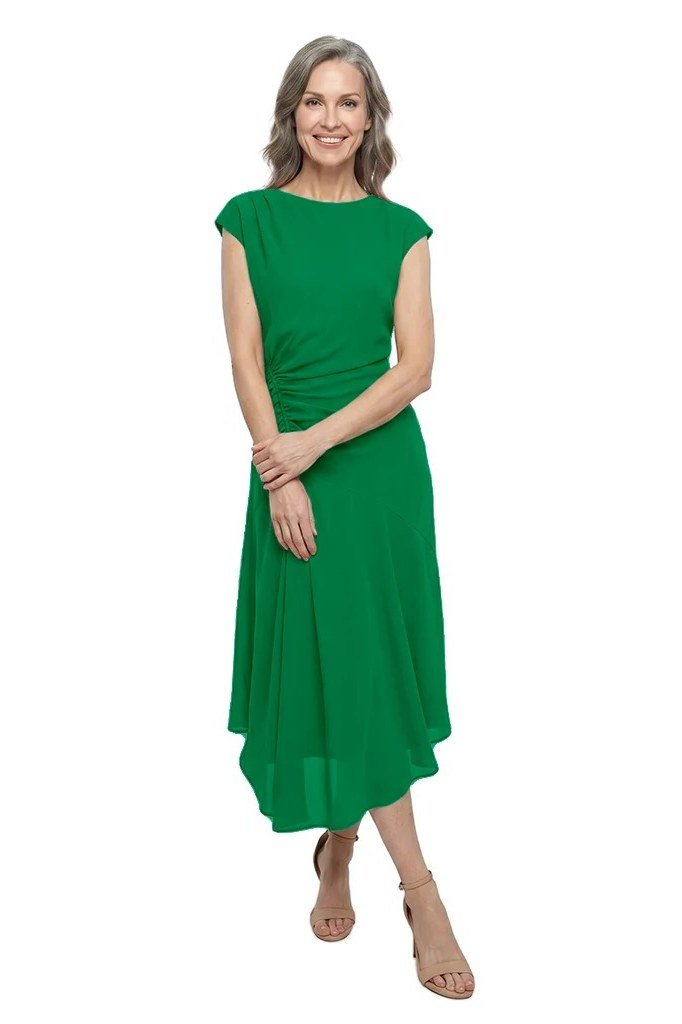 Green ruched cap-sleeve fit-and-flare midi dress for women over 60