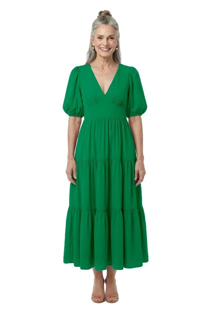 Green puff-sleeve tiered fit-and-flare midi dress for older women