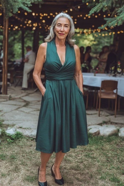 Teal halter fit-and-flare midi dress for women over 60 at outdoor evening event