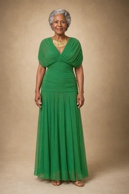 Green wrap fit-and-flare maxi dress for older Black woman