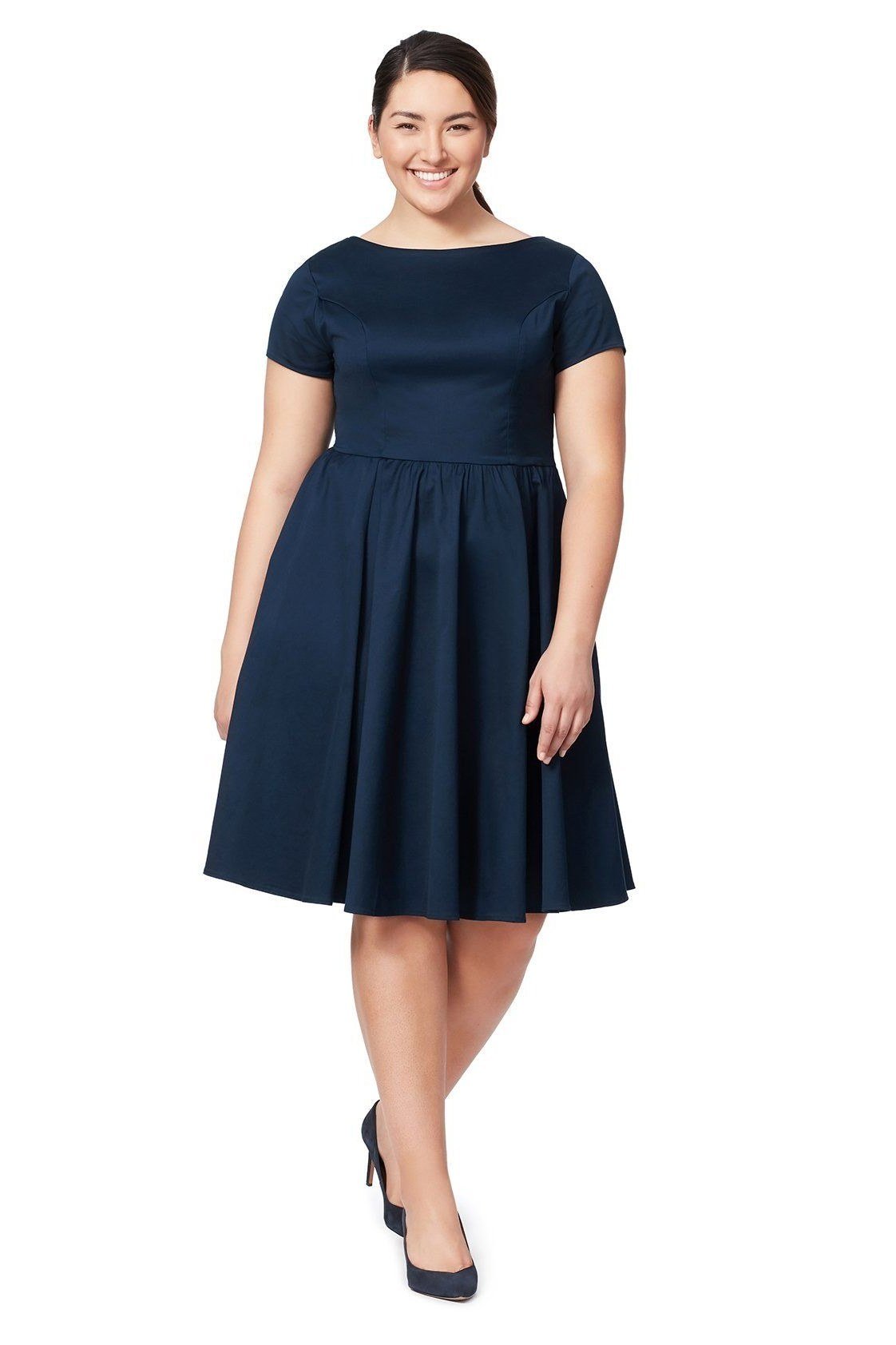Navy fit-and-flare midi dress for women over 50, simple everyday style