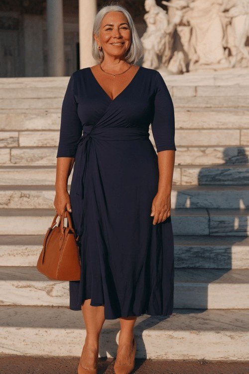 Navy wrap fit-and-flare maxi dress for older women on stone steps with tan bag