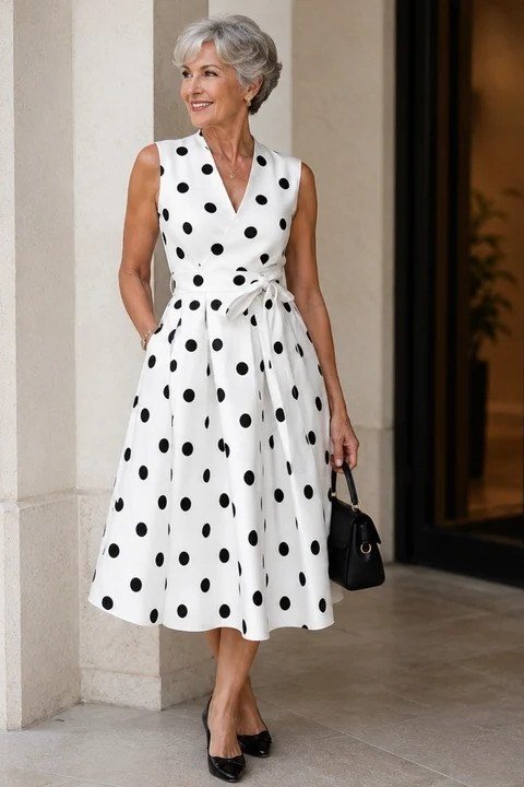 White polka-dot fit-and-flare dress with black dots for women over 60