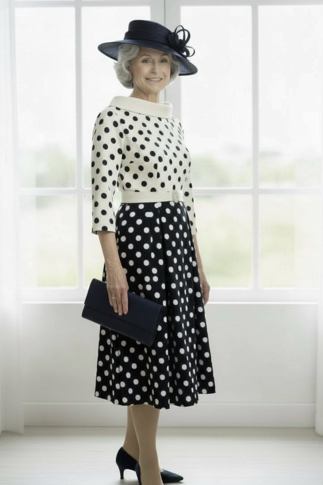 Polka-dot fit-and-flare dress with matching jacket and hat for older women