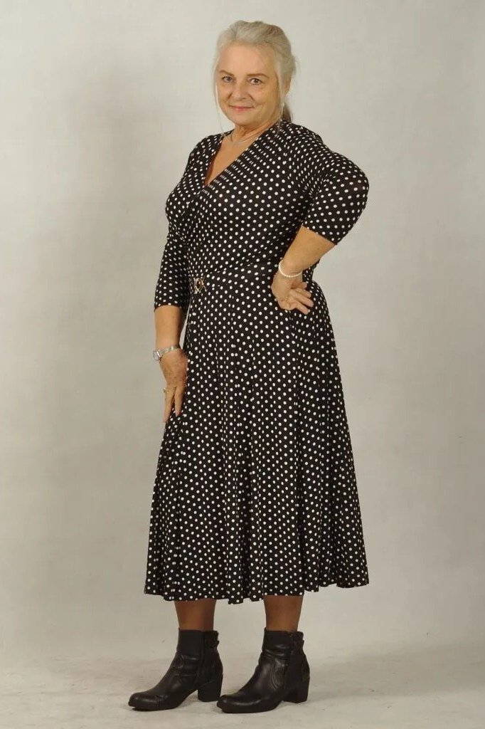 Black polka-dot wrap fit-and-flare midi dress with three-quarter sleeves for mature women