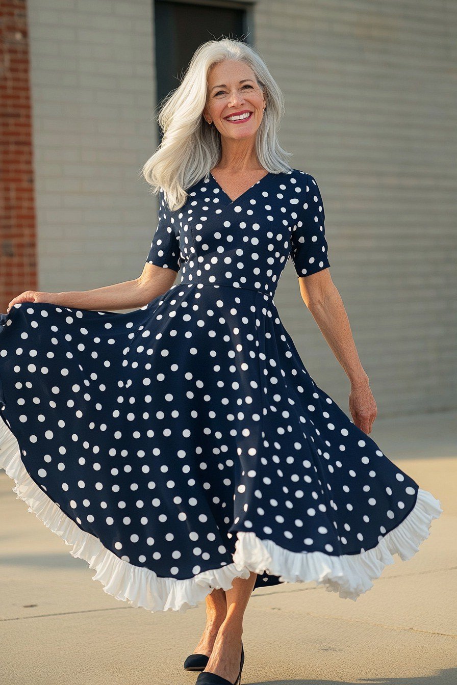 Navy polka-dot fit-and-flare dress with white ruffle hem for women over 60