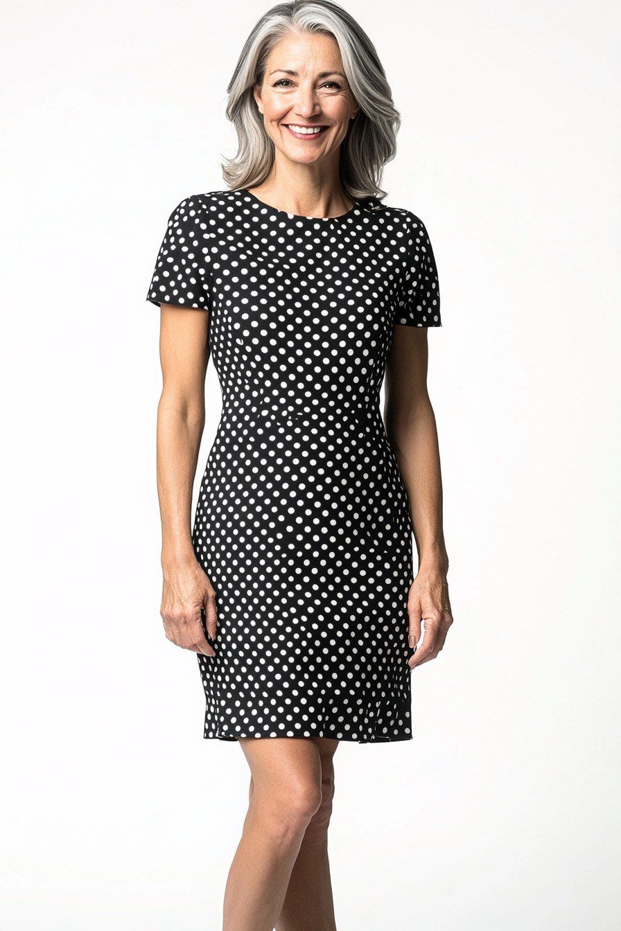Black polka-dot fit-and-flare midi dress with short sleeves for grey-haired woman