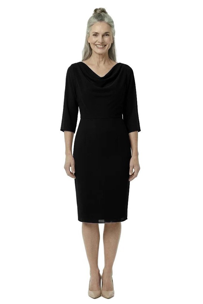 Black cowl-neck fit-and-flare midi dress for grey-haired woman