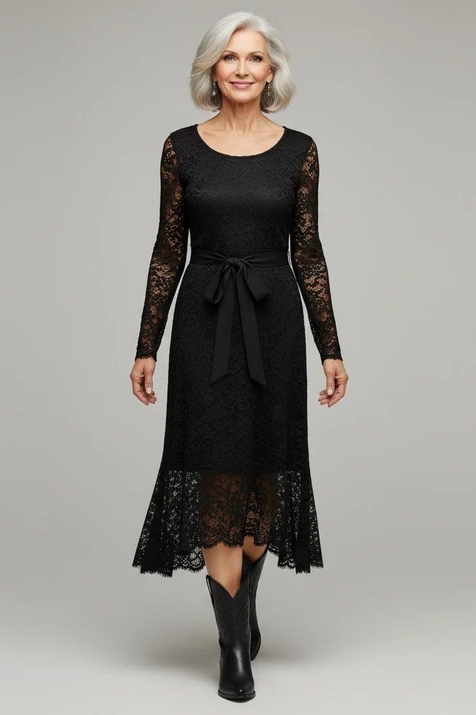 Black lace fit-and-flare dress with long sleeves and ribbon waist for women over 60