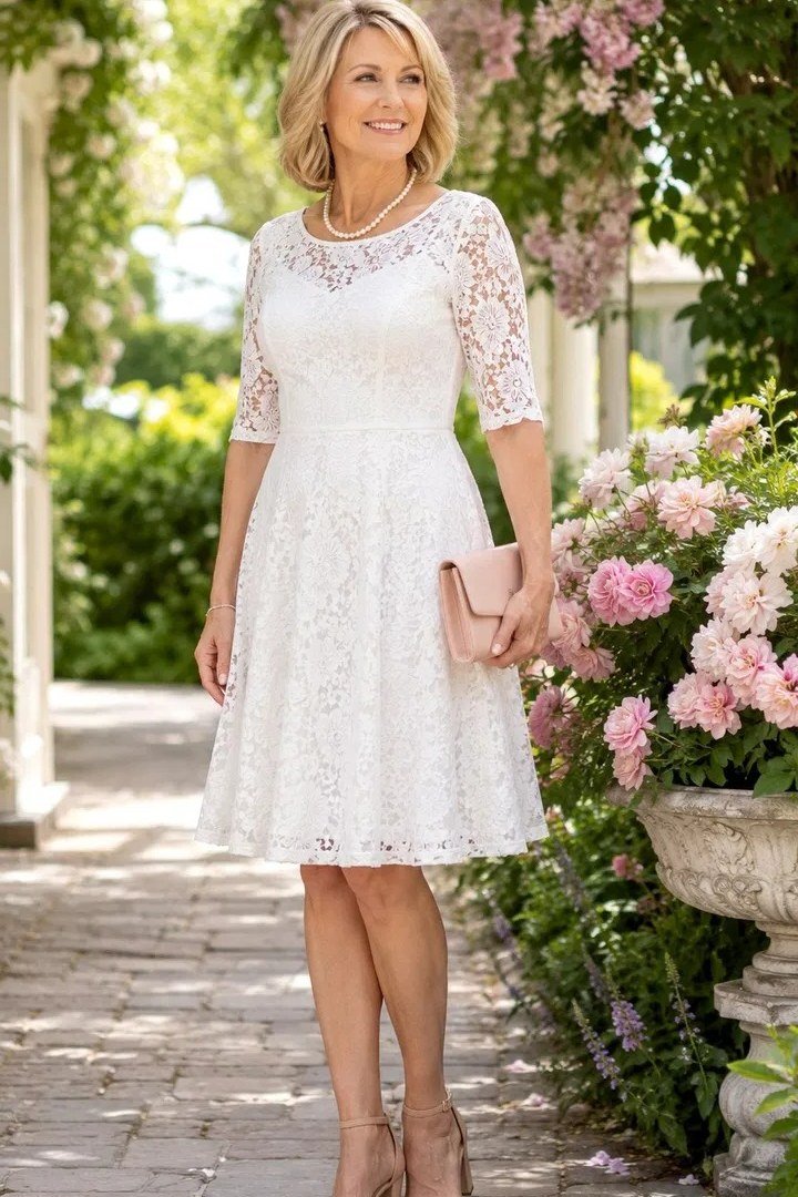 White lace fit-and-flare midi dress with three-quarter sleeves for blonde older woman on garden path