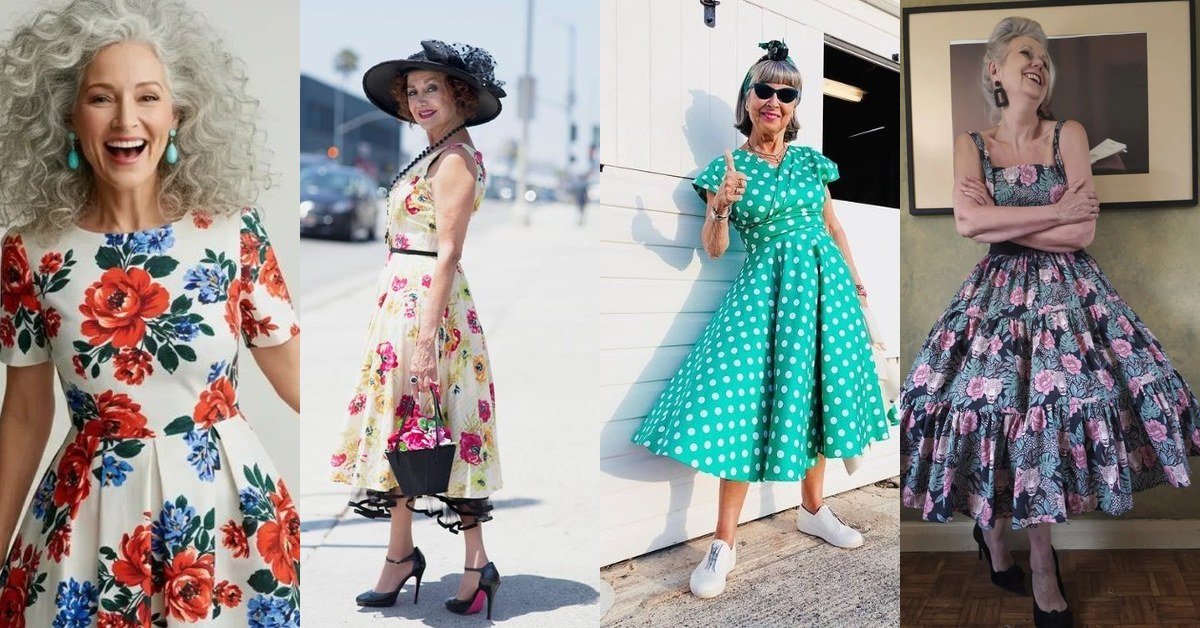 Collage of four fit-and-flare dresses for women over 60: bold floral, yellow floral with hat, green polka dots, and purple floral twirl dresses