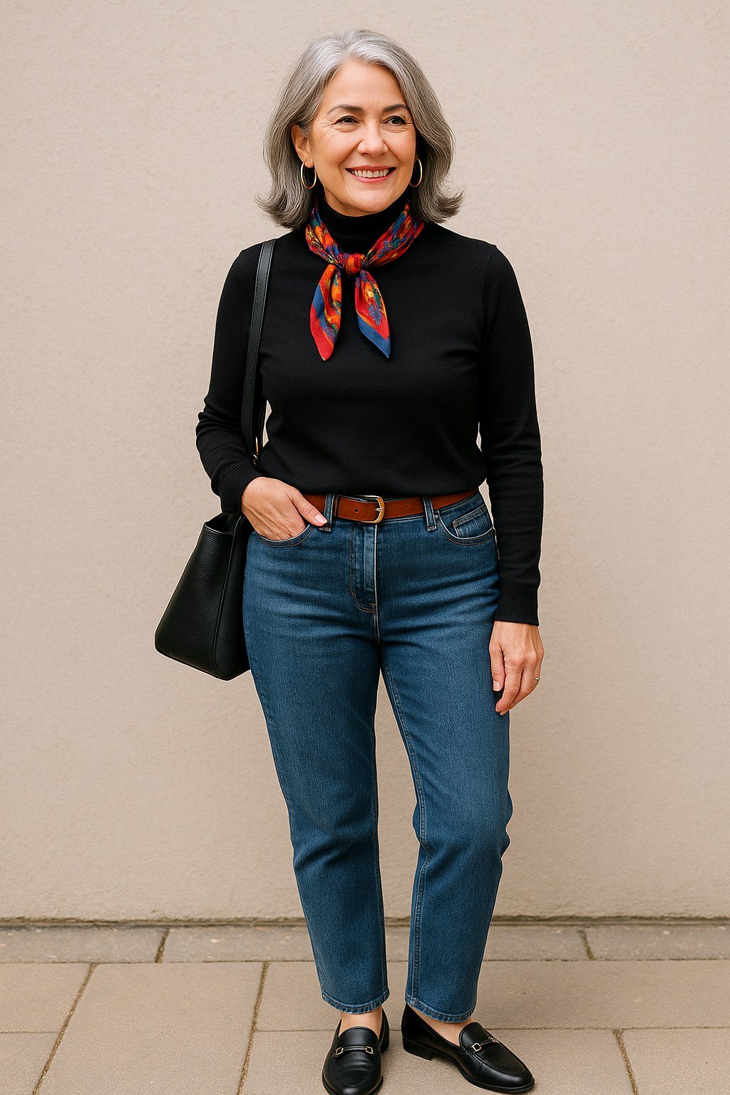 A black turtleneck with medium-wash straight jeans gets a lift from a colorful printed neck scarf. A brown belt and black loafers add polish. The scarf brings color to your face and brightens the whole look. It is smart and classic for cool days.