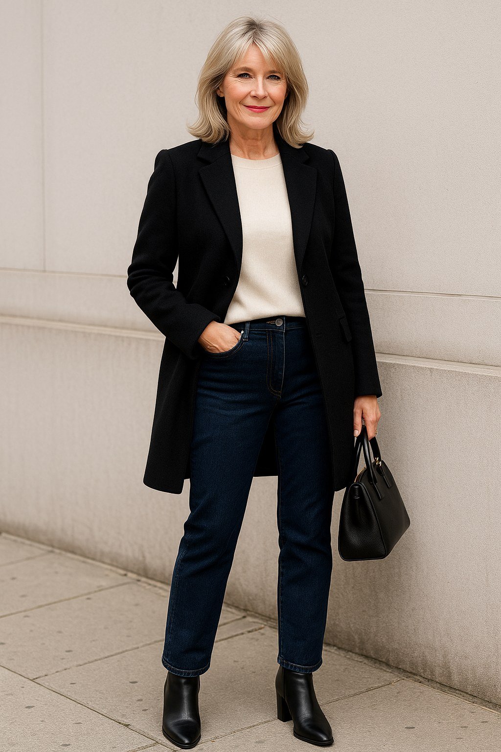 A tailored black blazer over a cream top brings polish to dark straight jeans. Black ankle boots and a structured handbag keep the palette sleek. The cream top lightens the look at the neckline. Perfect for dinner out or a dressy casual event.