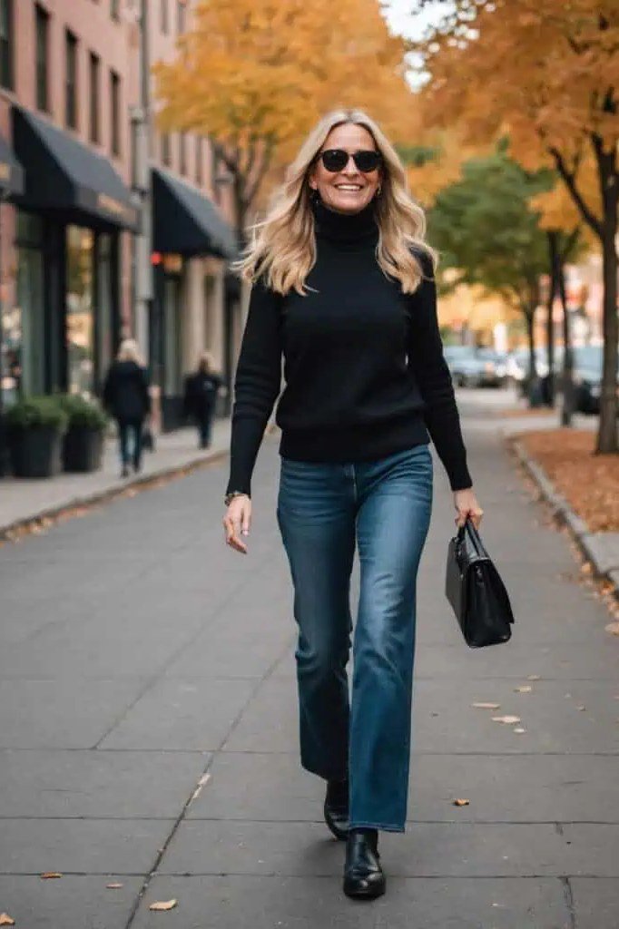 A black turtleneck with medium-wash straight jeans is a fall uniform that never fails. Black boots and a handbag keep it streamlined on an autumn city street. Sunglasses add polish. Reach for this when you want to look great with zero effort.