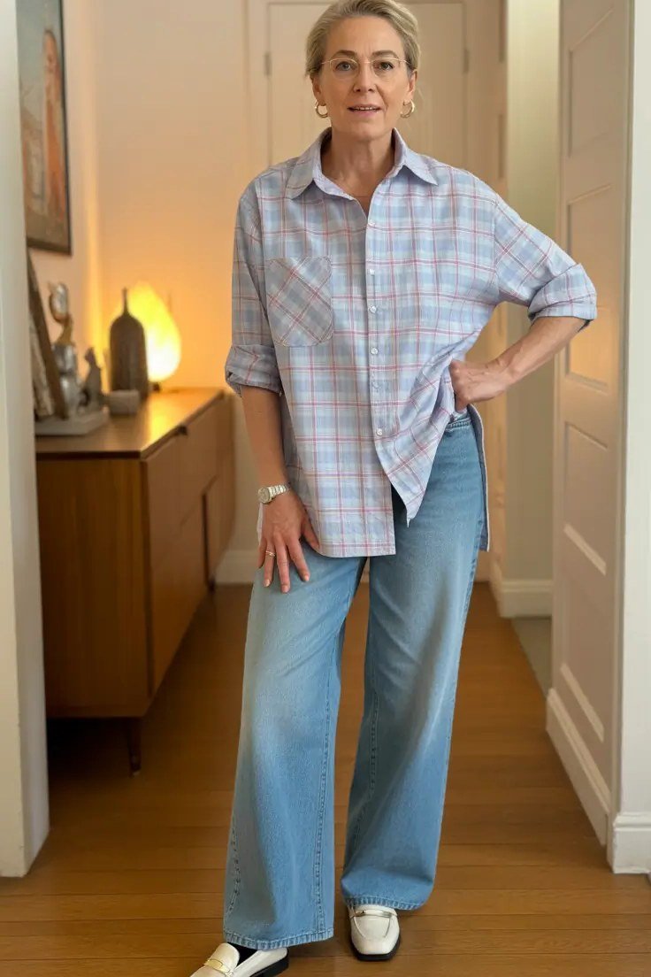 A pastel plaid button shirt tucked into light-wash wide-leg jeans feels soft and feminine. White sneakers keep it fresh and comfortable. The pale plaid is pretty against blonde hair. Lovely for shopping or lunch with friends.