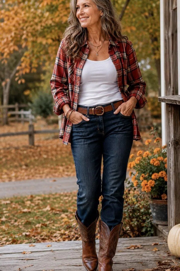 A red plaid flannel worn open over a white tee with dark jeans is classic Americana. Brown cowboy boots complete the autumn picture. The layered look is cozy and full of personality. Ideal for pumpkin patches and fall bonfires.