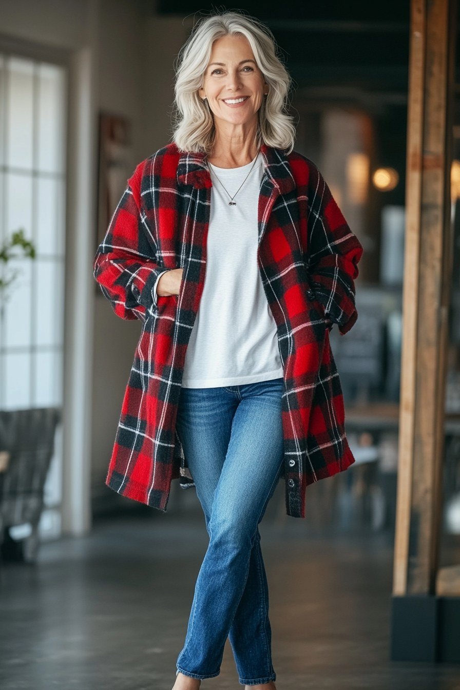 A red-and-black plaid shacket over a white top with light jeans is the ultimate fall layer. It is cozy without overheating and works as both shirt and light jacket. Perfect for days that start chilly and warm up.