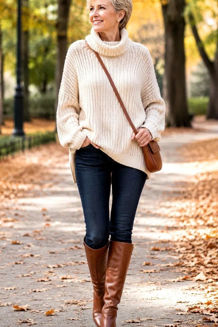 A cream turtleneck sweater with dark skinny jeans, tan knee-high boots, and a brown crossbody is sleek fall style. The cream brightens the whole look. Fresh and seasonal against autumn foliage. Wonderful for day trips or outdoor lunches.
