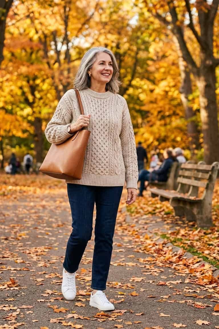 A cream cable-knit sweater with dark jeans, white sneakers, and a tan tote is cozy weekend style. The cream looks fresh against fall colors. Sneakers keep it sporty and comfortable. Perfect for long walks or casual brunch.
