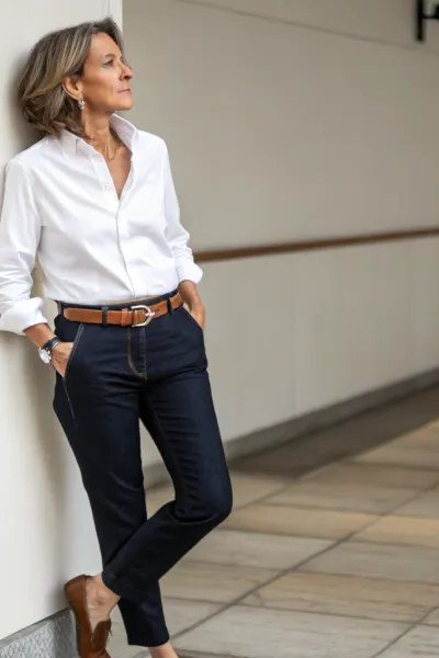 A crisp white button shirt with dark jeans and a tan belt is timeless polish. The clean lines look sharp and intentional. The tan belt breaks up the high contrast beautifully. A go-to for days when you want to feel put together fast.